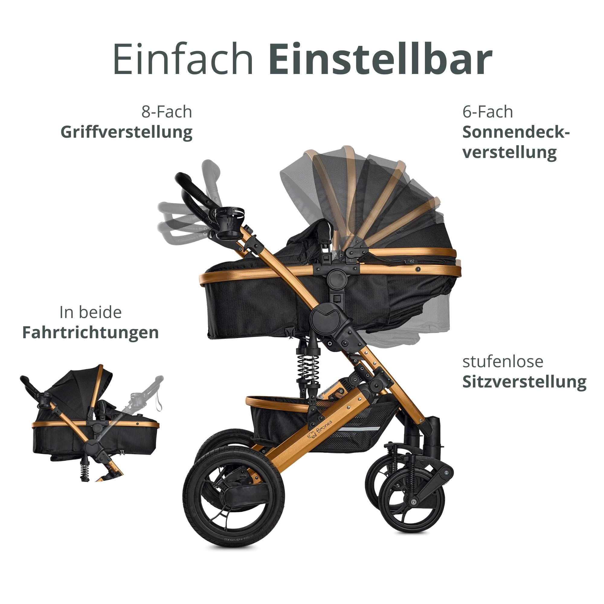 Bronea Kombi-Kinderwagen EXQUISE 2.0 Kinderwagen 3-in-1 SCHWARZ/GOLD mit BUGGY, AUTO-BABYSCHALE