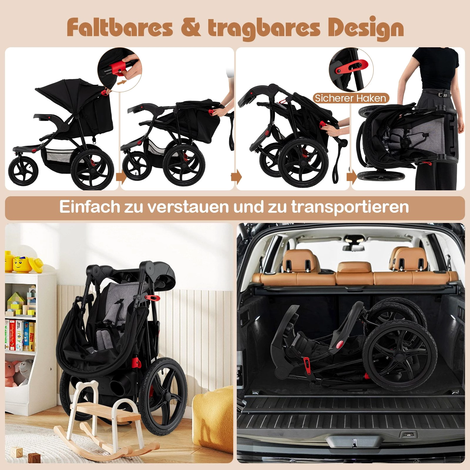 COSTWAY Dreirad-Kinderwagen, , faltbarer Reisebuggy, Kinderbuggy mit Liegefunktion, Sonnendach