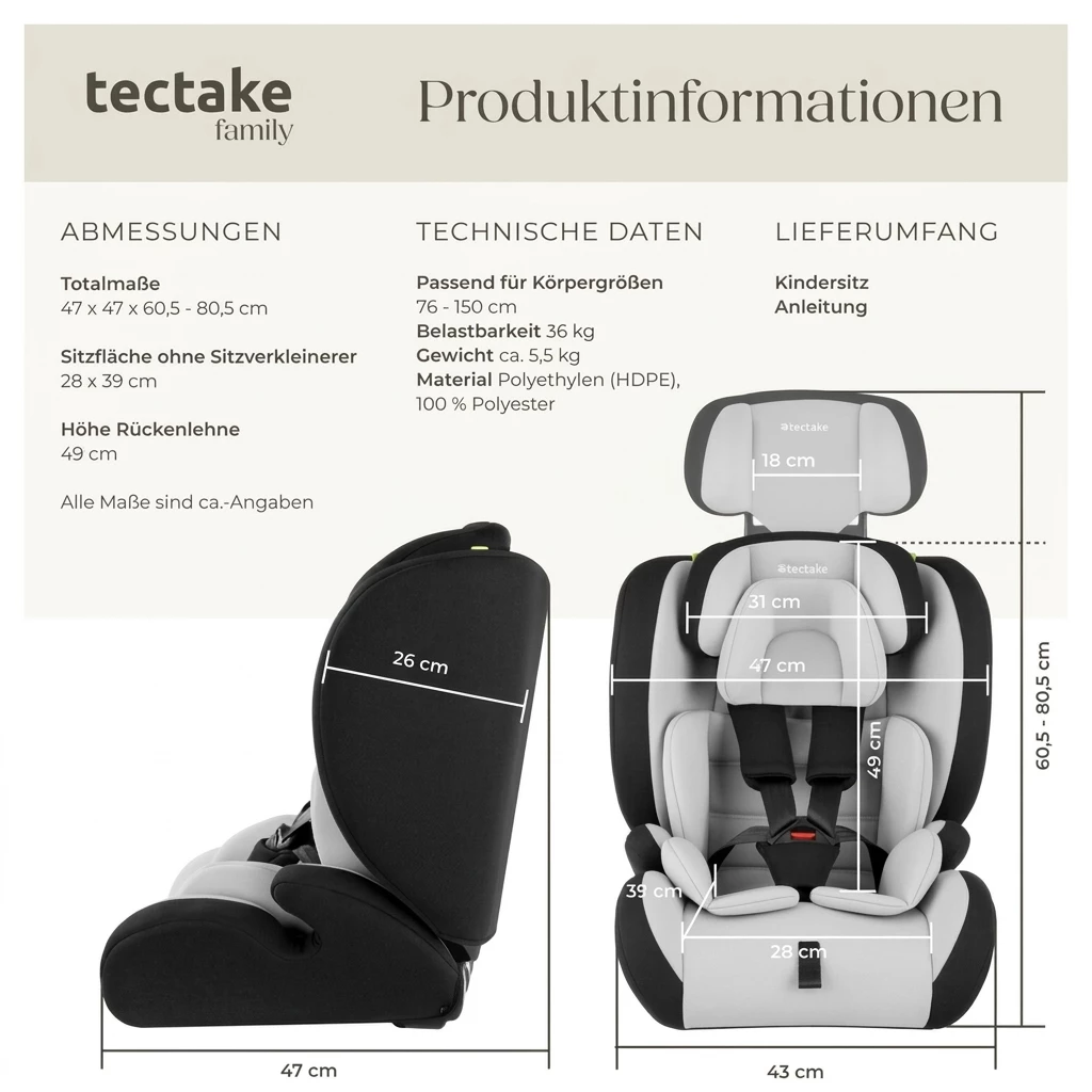 tectake Autokindersitz Autositz Sophie mit 5-Punkt-Gurt, i-Size Zulassung