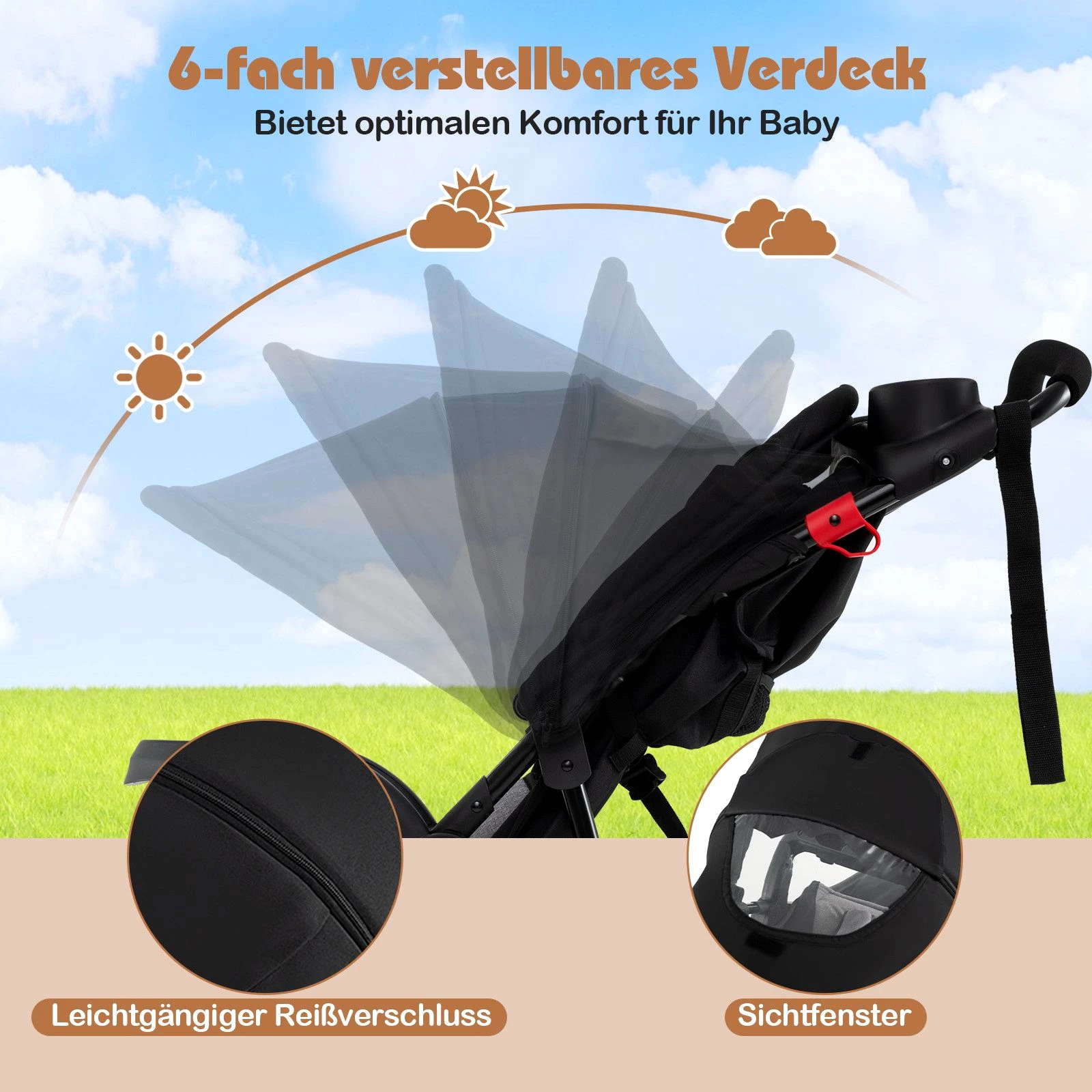 COSTWAY Dreirad-Kinderwagen, , faltbarer Reisebuggy, Kinderbuggy mit Liegefunktion, Sonnendach