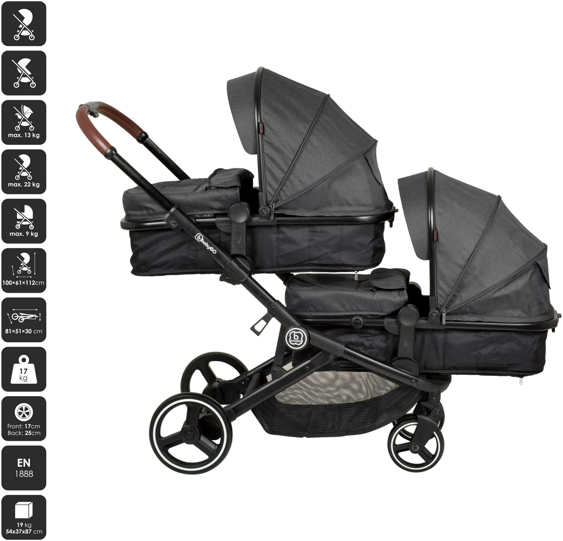 BabyGo Zwillings-Kombikinderwagen Twinner Set, Grey melange, , inkl. 2 Regenhauben, Wickeltasche