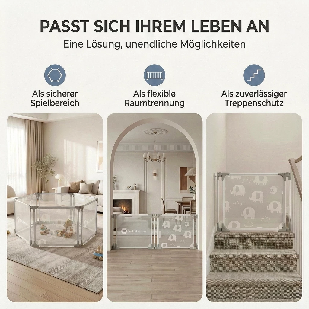 BabyBeFun Laufstall Baby faltbar [Extra Stabil] Laufgitter Baby Playpen Kaminschutzgitter