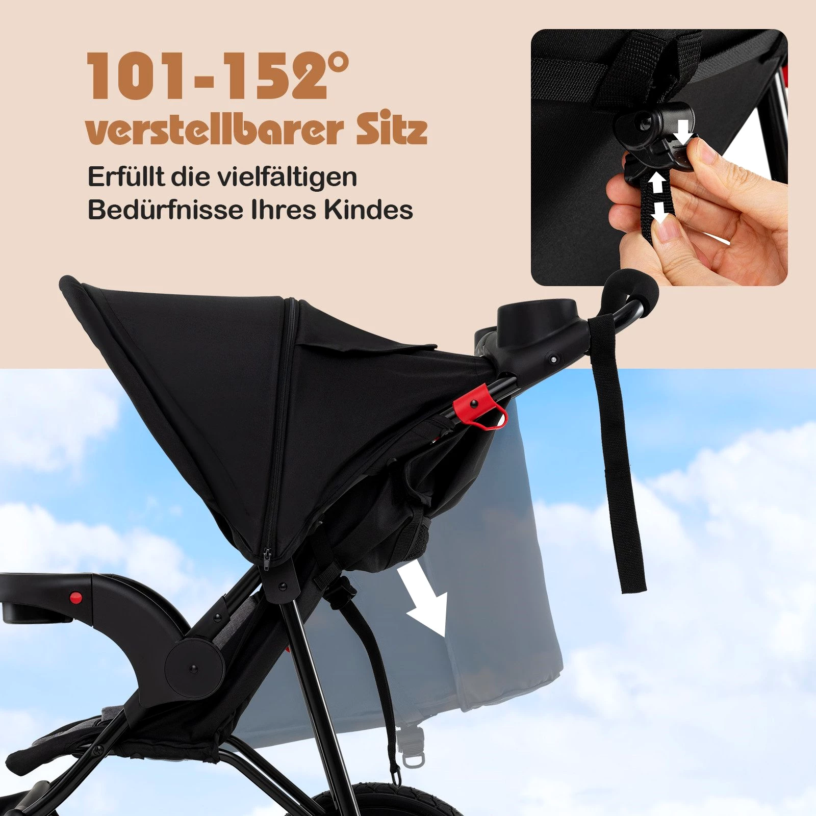COSTWAY Dreirad-Kinderwagen, , faltbarer Reisebuggy, Kinderbuggy mit Liegefunktion, Sonnendach