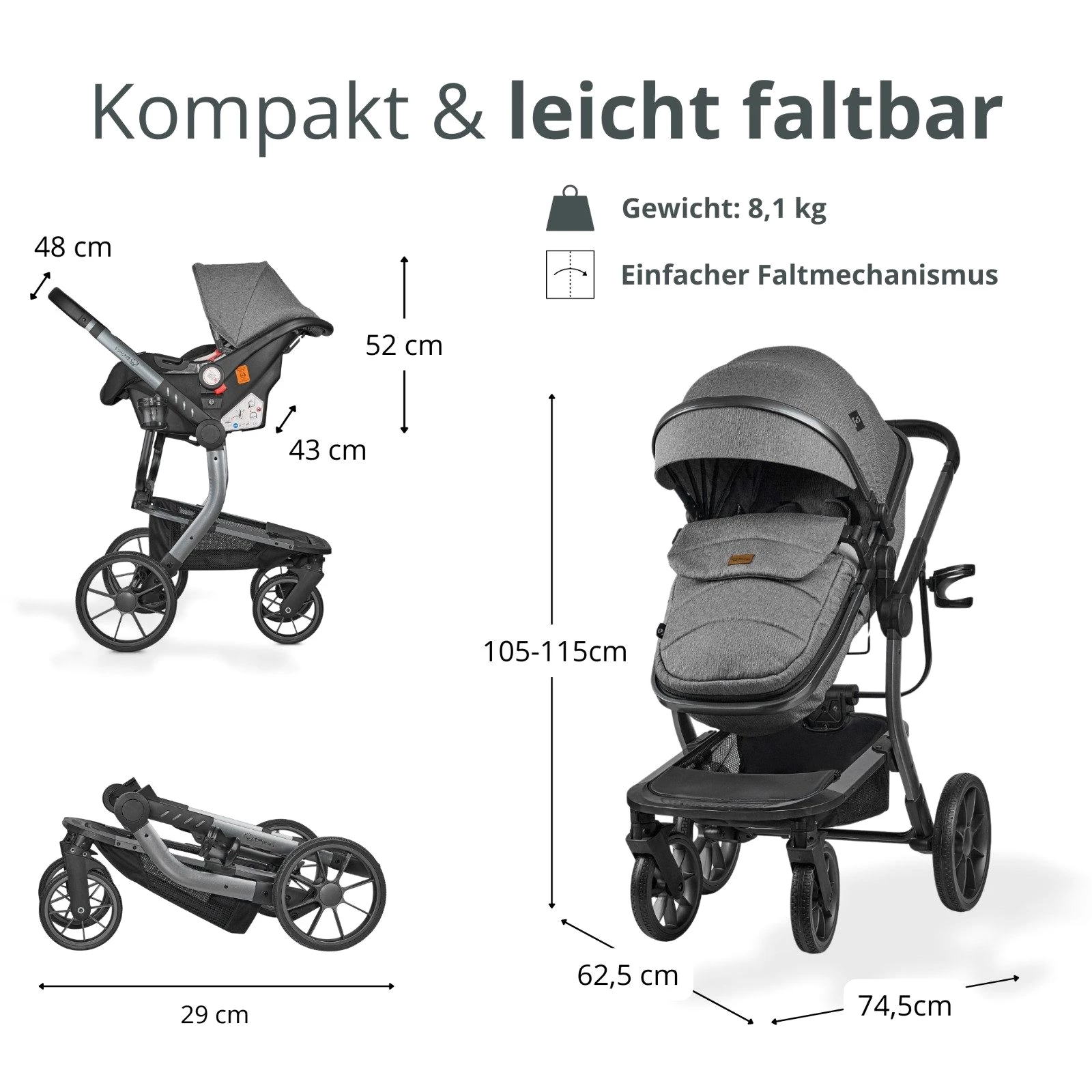 Bronea Kombi-Kinderwagen UNICO Design-Kinderwagen 3-in-1 mit MATRATZE, BUGGY & AUTO-BABYSCHALE