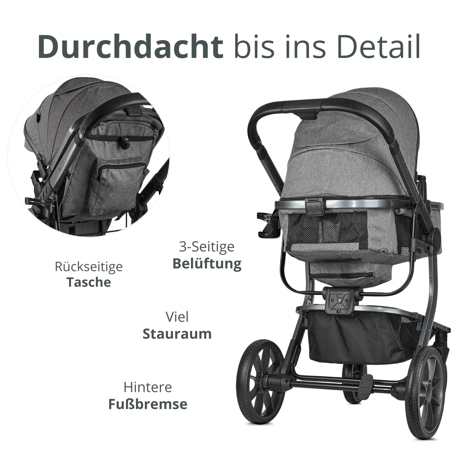 Bronea Kombi-Kinderwagen UNICO Design-Kinderwagen 3-in-1 mit MATRATZE, BUGGY & AUTO-BABYSCHALE
