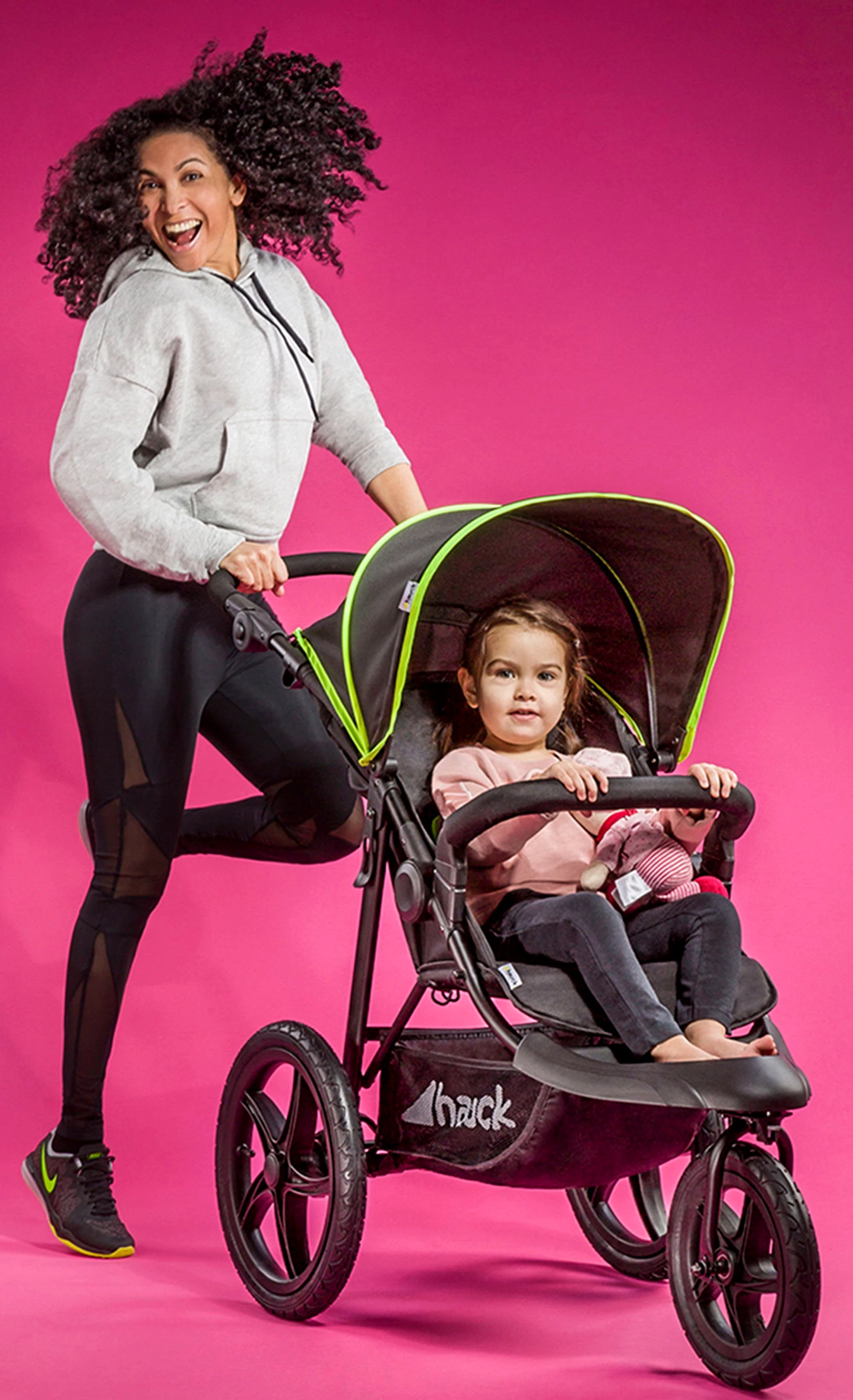 Hauck Dreirad-Kinderwagen Runner black/neon yellow, mit schwenk- und feststellbarem Vorderrad